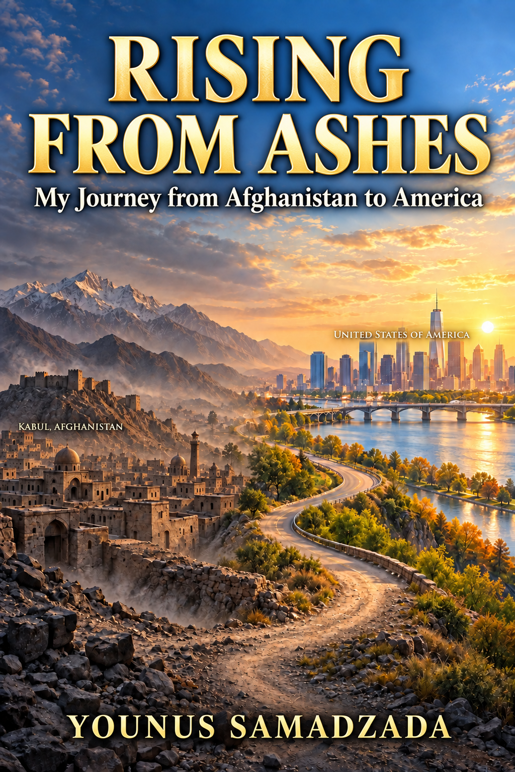 Rising from Ashes book cover, showing a journey from Kabul, Afghanistan to the United States